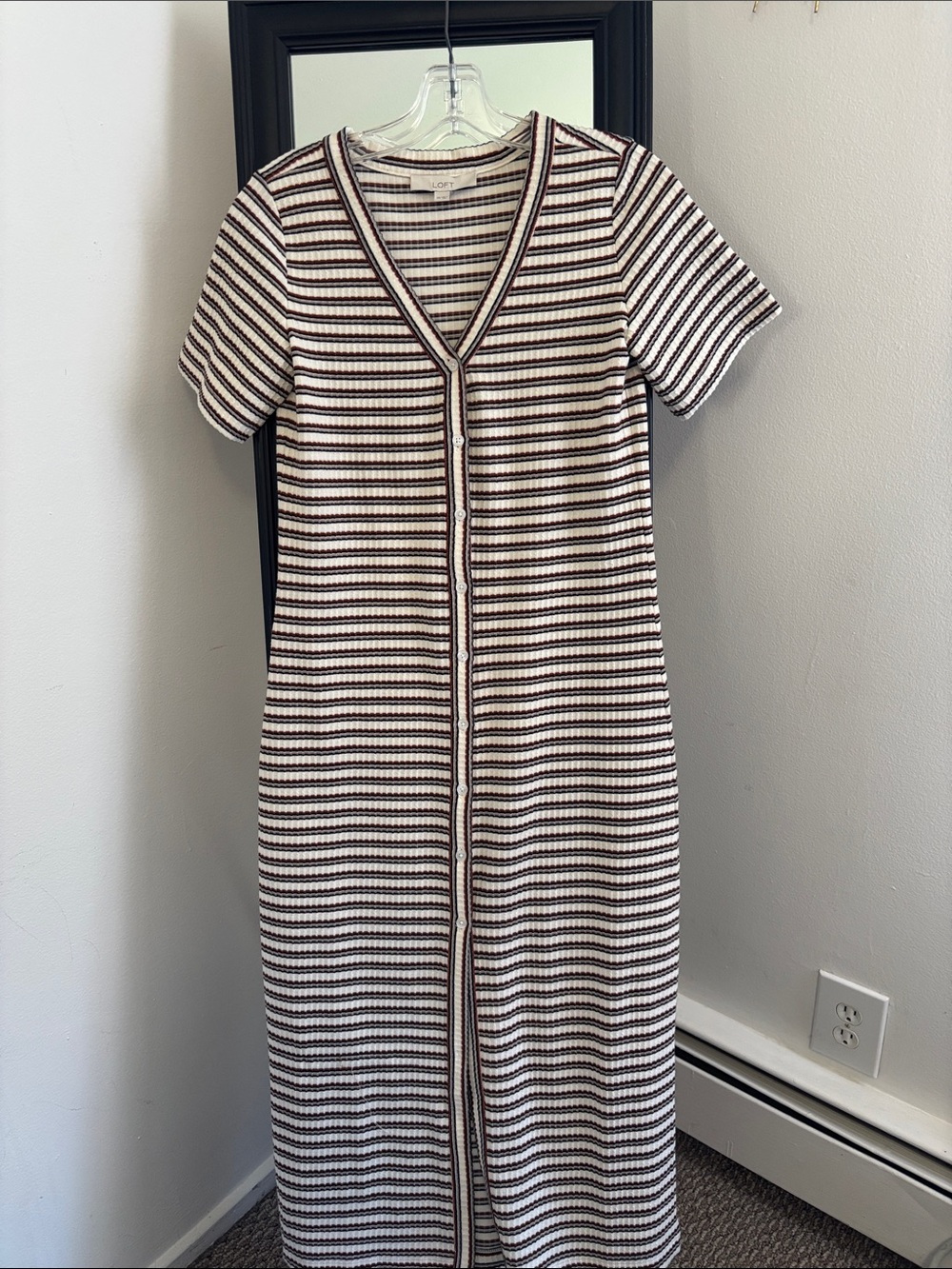 LOFT Ribbed V-Neck Maxi Dress in Cream and Brown Stripes